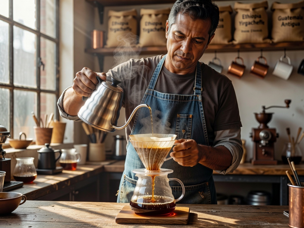 Artisan Barista pouring fresh specialty coffee with precision pour-over kettle