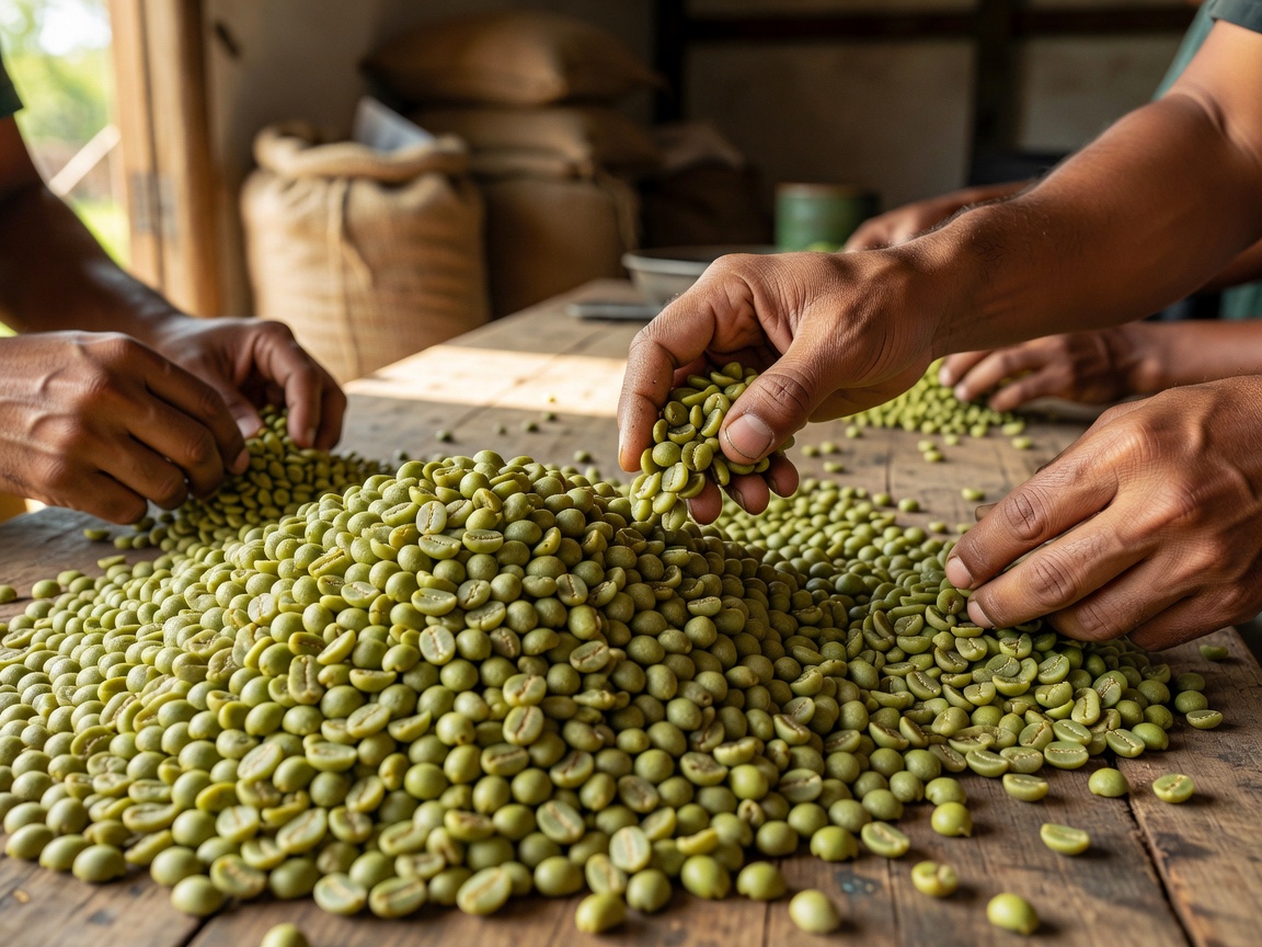 Raw green Ethiopian coffee beans alongside dark roasted whole beans