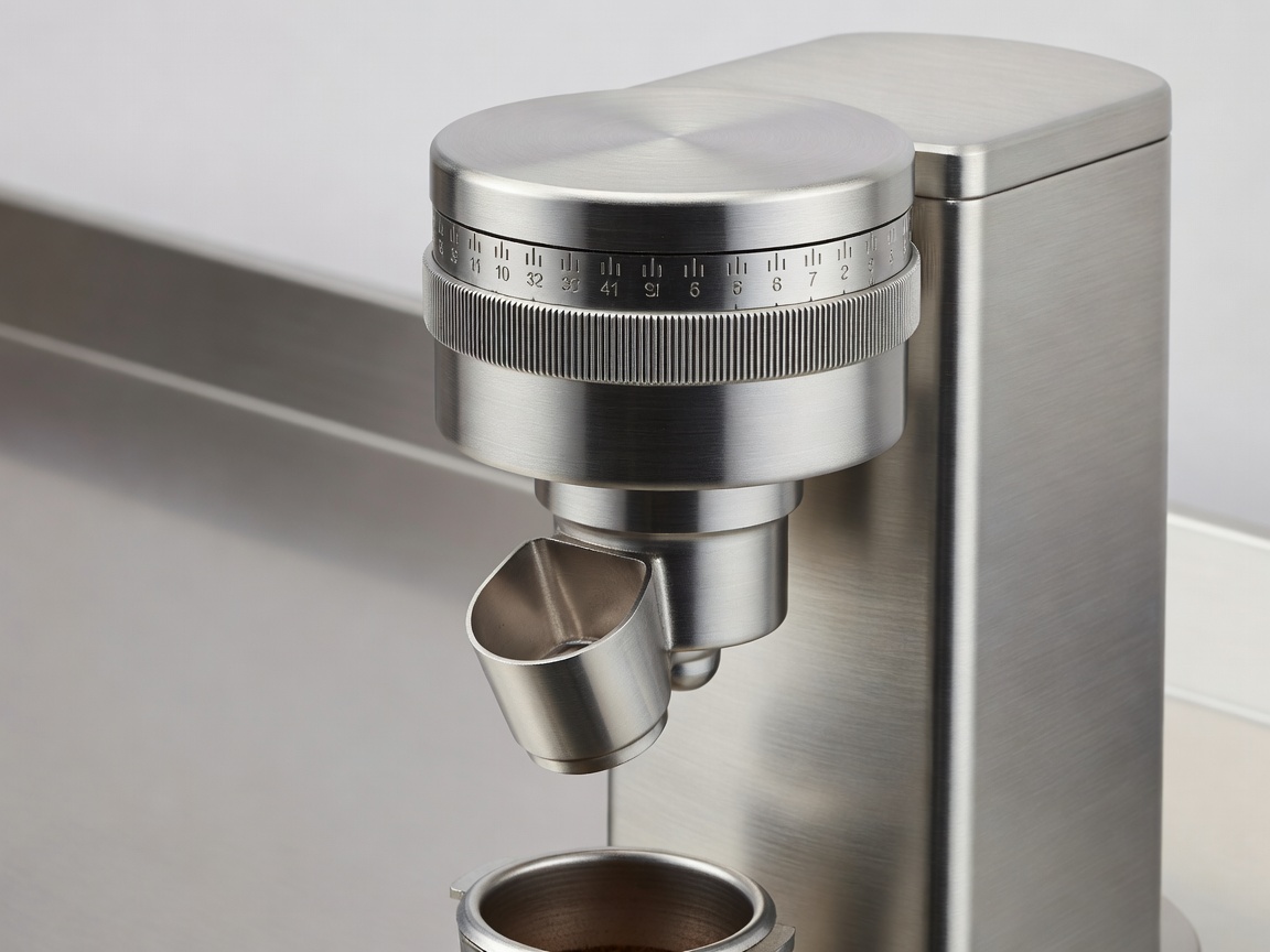 High precision commercial espresso grinder showing adjustment collar and ground coffee outlet