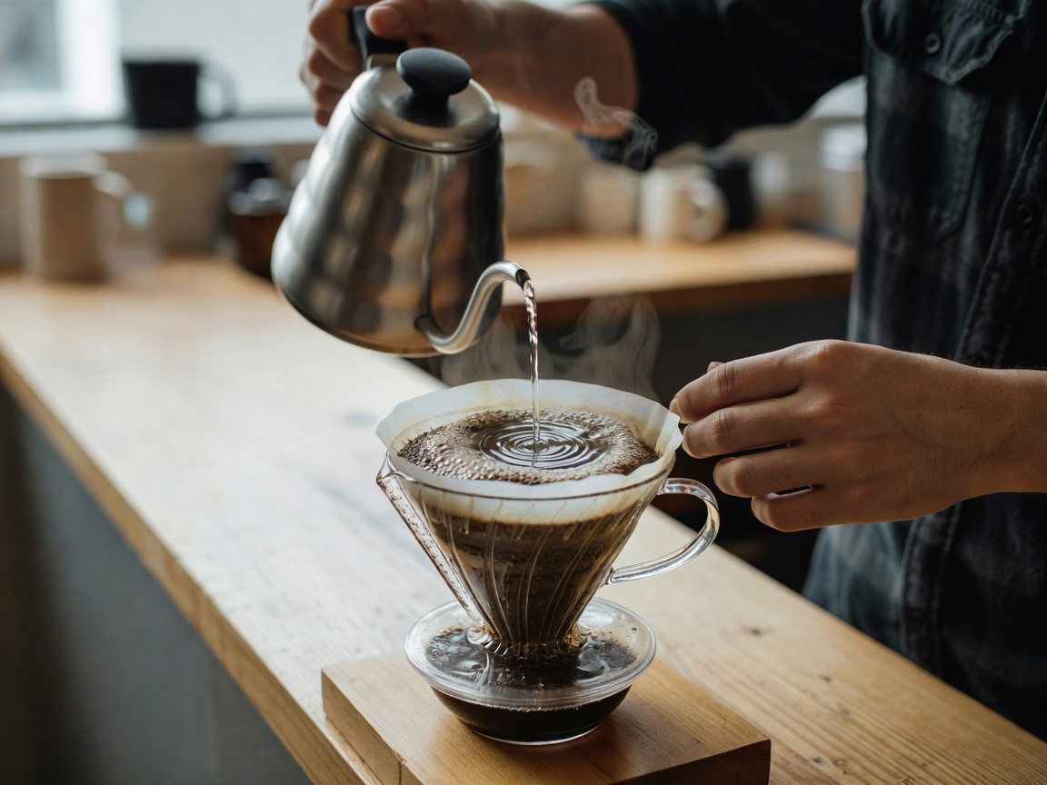 Manual pour-over barista blooming ground coffee with spiral water pour