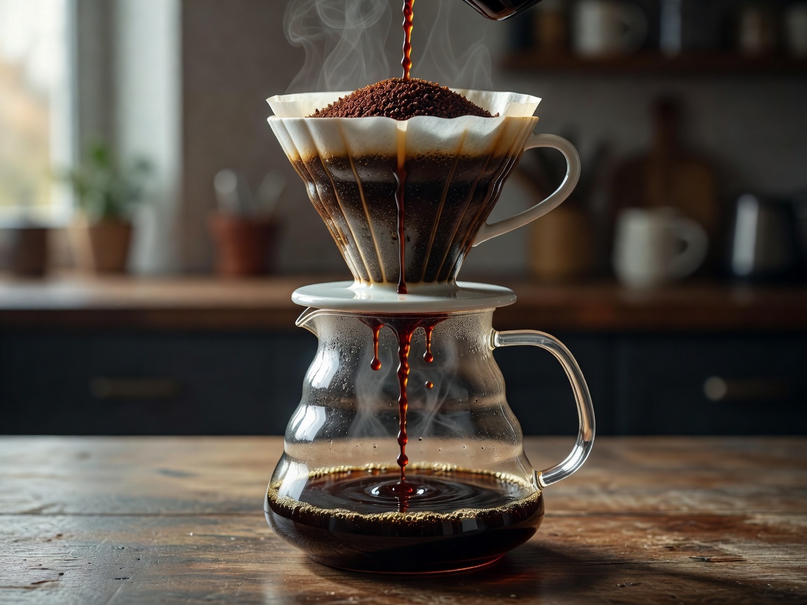 Hand pour-over coffee dripping into glass carafe using V60 paper filter