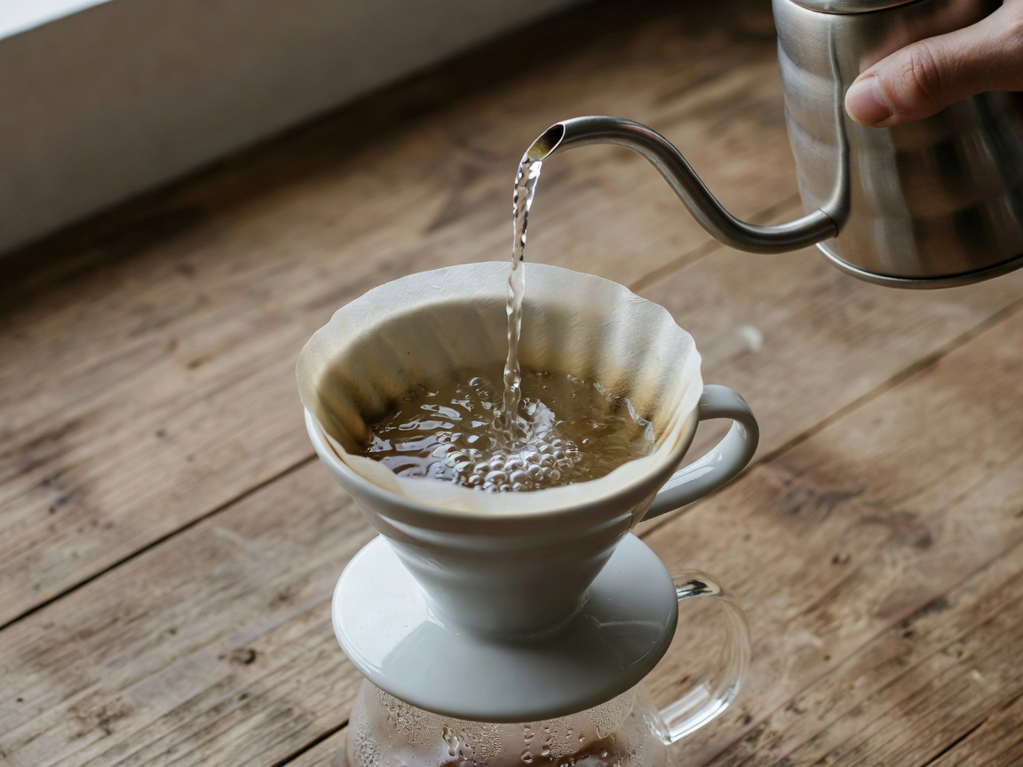 Pure mineralized brew water poured into manual filter cone