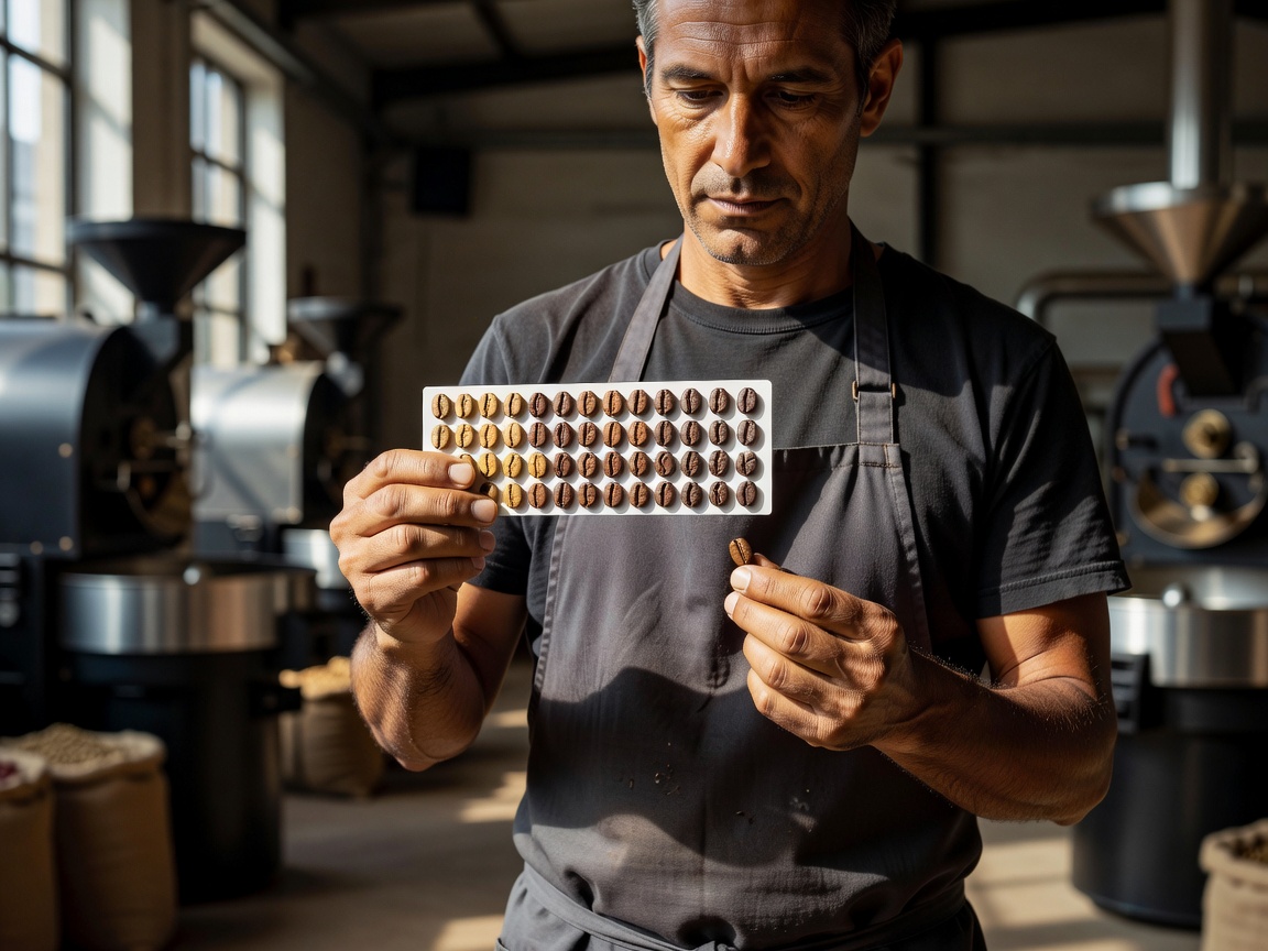 Freshly roasted coffee beans cooling down in commercial roaster tray