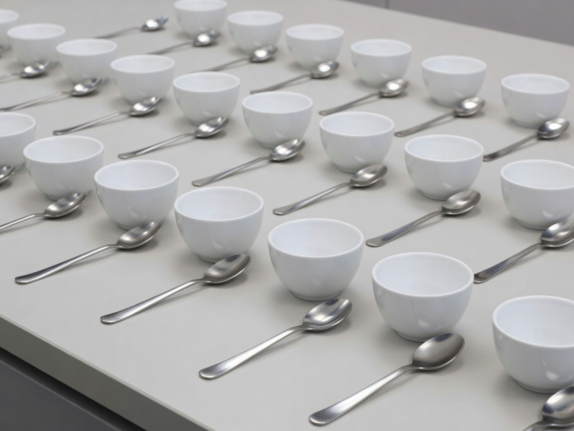 Selection of specialty coffee beans displayed on wooden cupping table