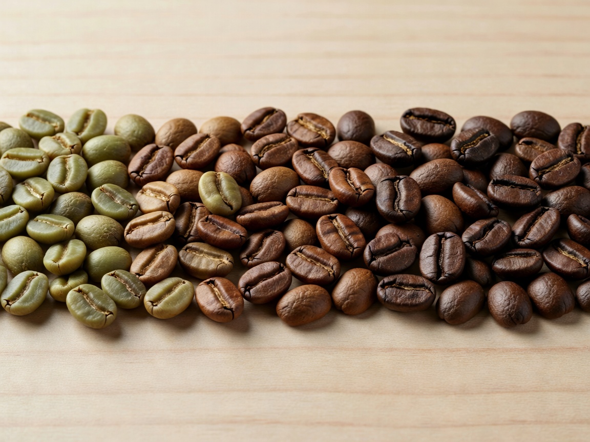 Specialty green and roasted coffee beans showing light to dark roast progression